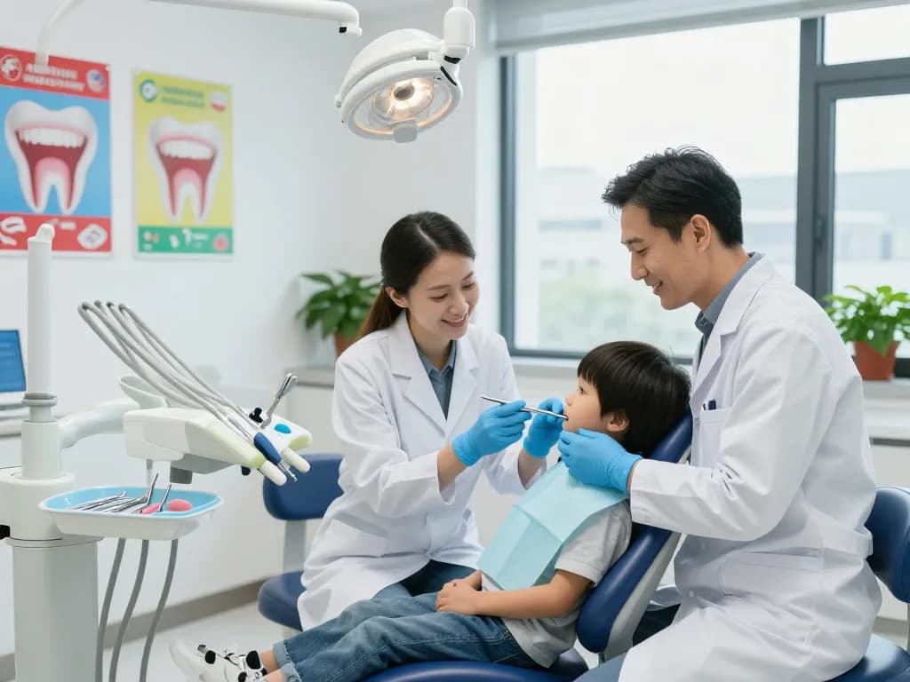 Dental clinic near me with a dentist assisting a child in a bright, welcoming examination room.
