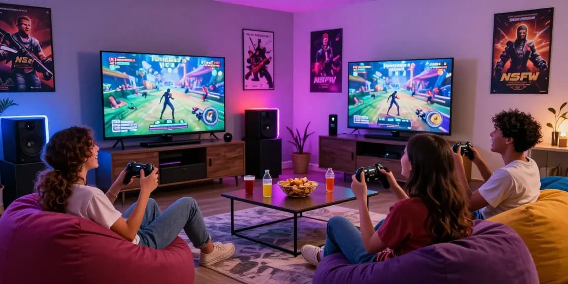Friends enjoying an exciting NSFW game experience in a cozy living room with vibrant lighting.