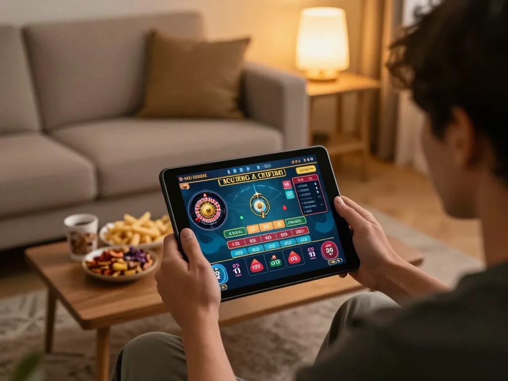 RR88 player enjoys live dealer gaming on tablet in a cozy home environment, illustrating a relaxed gambling experience.