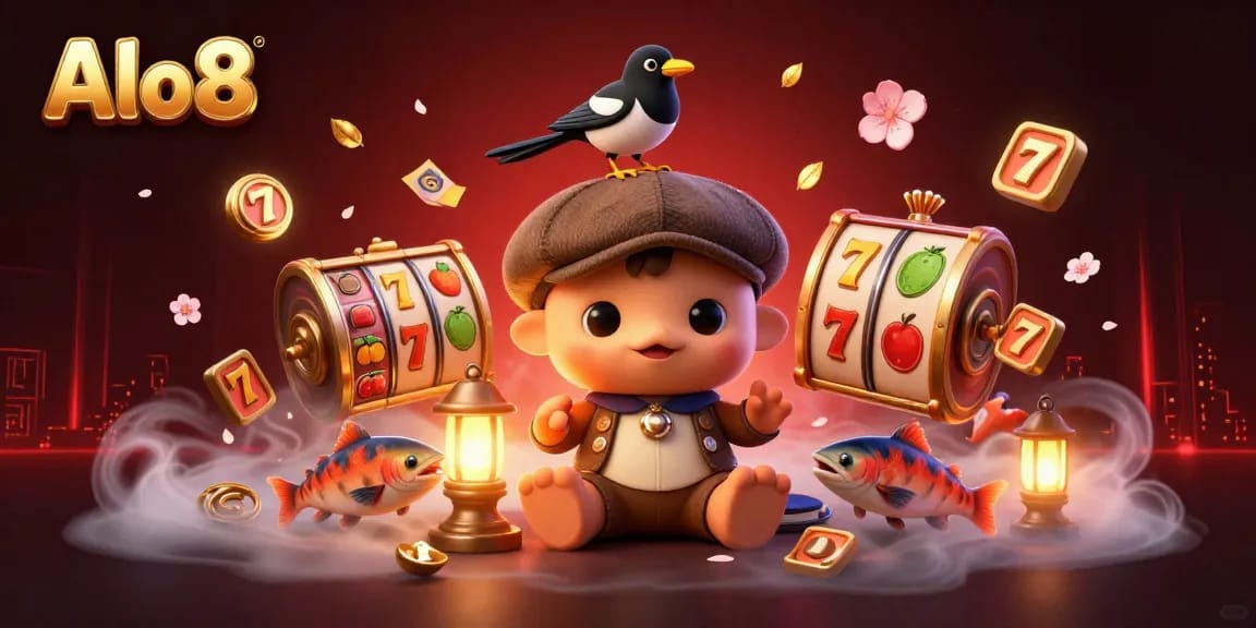 Experience the thrill of winning at Alo8 with playful characters amid a festive casino environment.