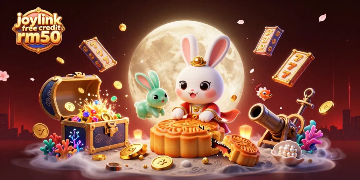 Engage with joylink free credit rm50 through this vibrant 3D casino scene featuring moon rabbits and slot elements.
