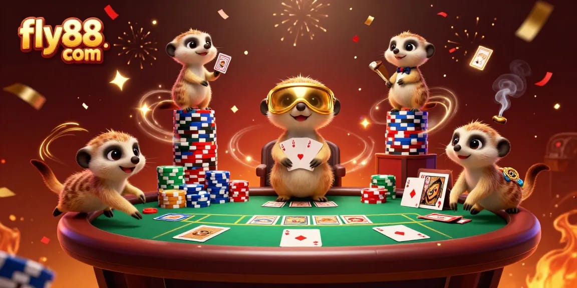Experience the excitement of fly88 com with meerkats hosting a lively casino scene.
