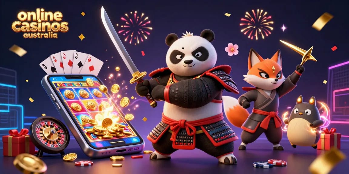 Engage with online casinos Australia through this dynamic 3D illustration featuring a samurai panda, ninja fox, and magical tanuki.