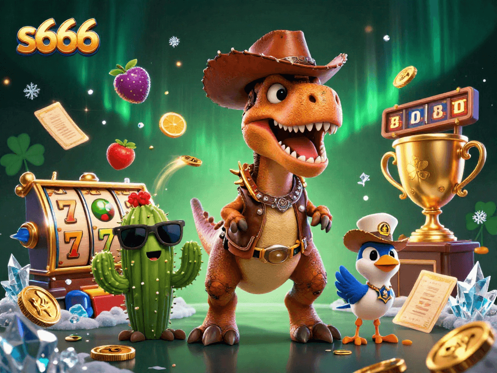 Place bets on exciting games at s666 with unique themed illustrations of a T-Rex cowboy.