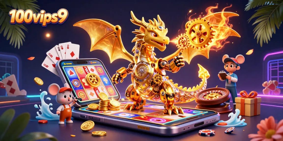 Experience thrilling slots with 100vips9 in a vibrant casino scene featuring colorful game elements.