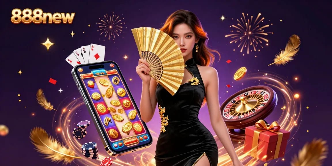 Engage with 888new's vibrant casino atmosphere, showcasing a stunning woman surrounded by gaming elements.