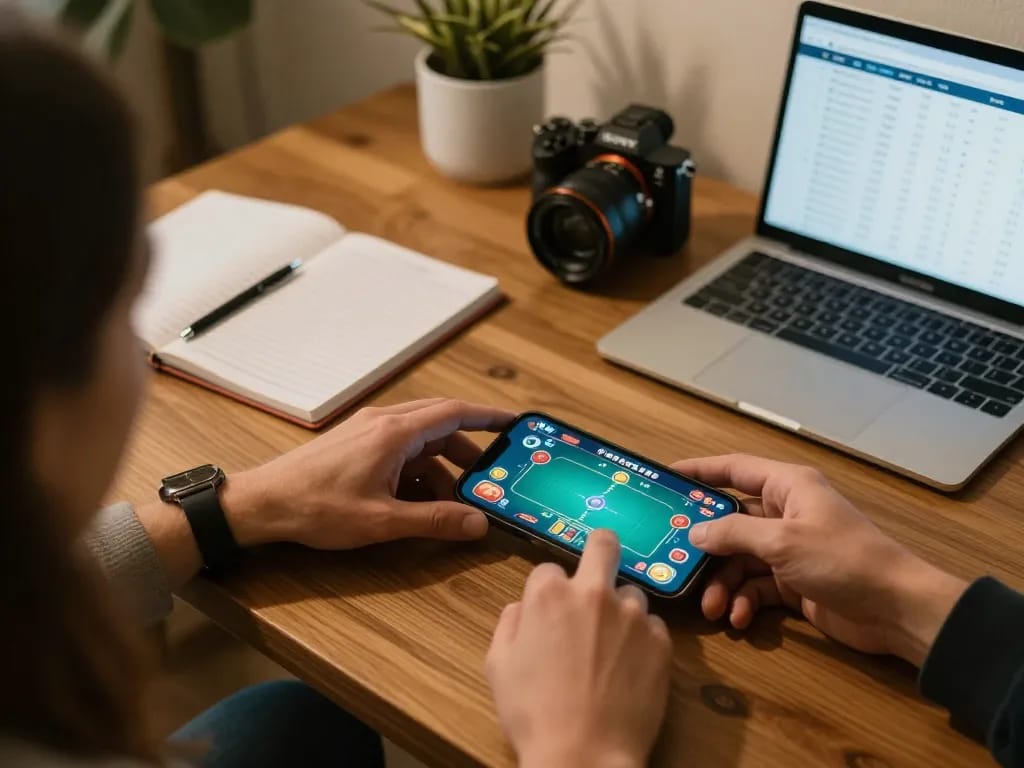 Players enjoying gamebaidoithuong on a smartphone while strategizing betting moves, highlighting the online gambling experience
