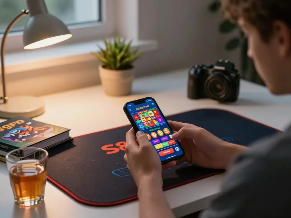 Engaging with S8 com on a smartphone while seated in a cozy gaming setup, showcasing vibrant game options.