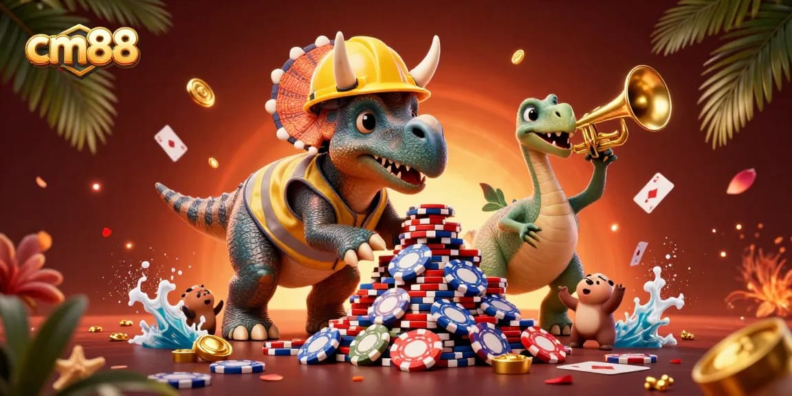 cm88 showcases a vibrant scene of casino excitement with playful dinosaur characters celebrating gaming victories.