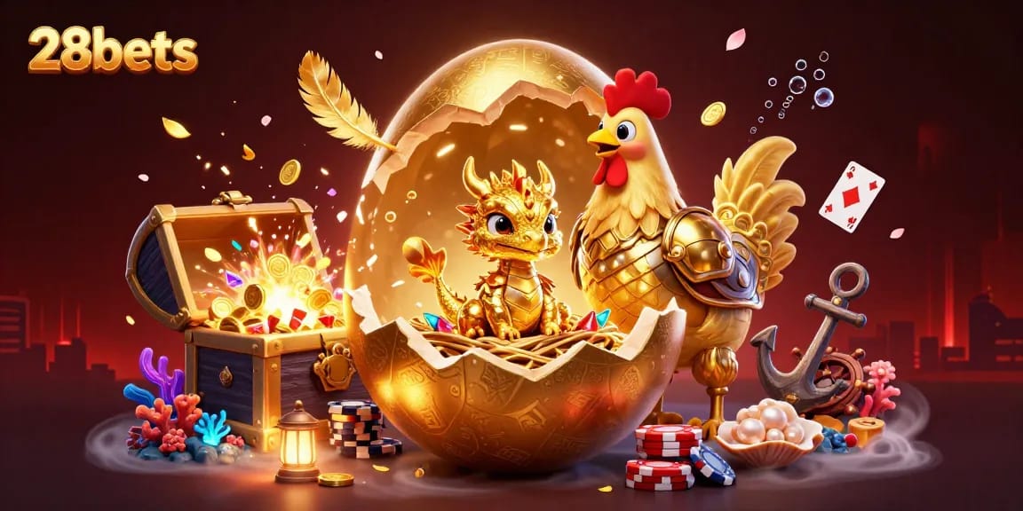 Experience thrilling golden adventures at 28bets with a baby dragon and poker chips exploding in treasures.