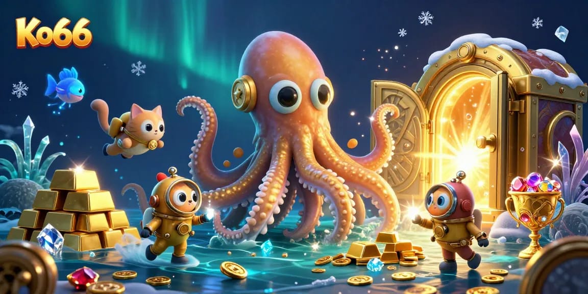 Experience thrilling adventures at Ko66 as the kraken emerges from treasure-filled depths with glowing sea creatures.