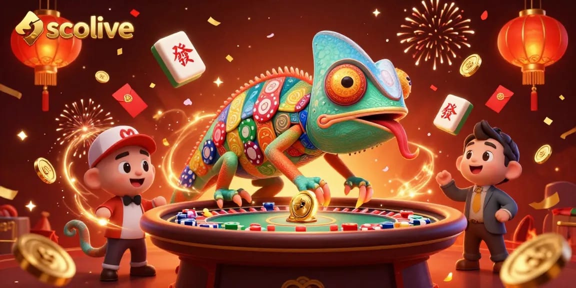 Socolive showcases an engaging scene with a colorful chameleon casino owner and dynamic gaming elements.