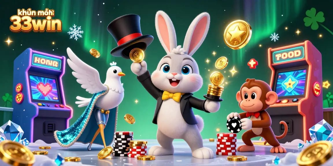 Engaging khuyến mãi 33win scene featuring a magician rabbit and vibrant casino elements.