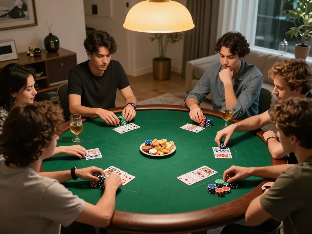 Enjoying a home poker night with friends at gg88 com, showcasing strategic gameplay and camaraderie.