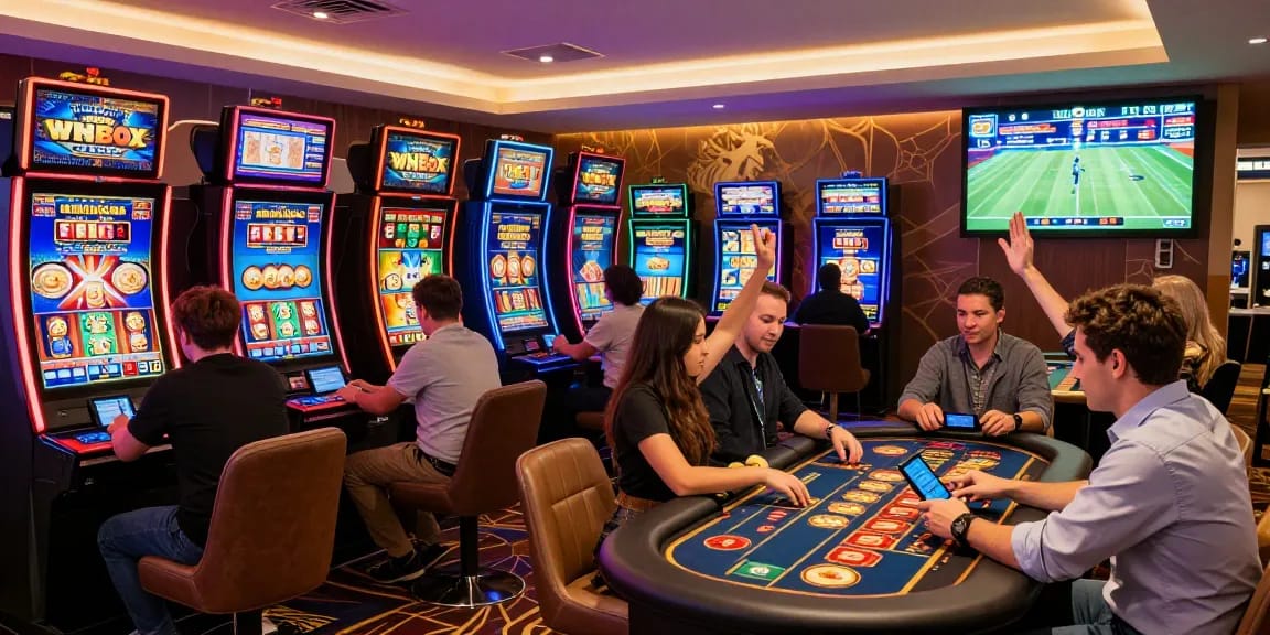 Players enjoying games at Winbox Casino with vibrant slot machines and live dealers in an engaging atmosphere.