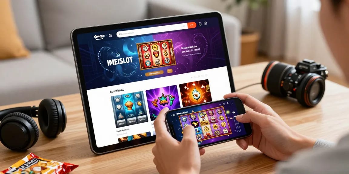 IMEISLOT platform dengan pengguna menikmati permainan slot di ponsel dalam suasana santai