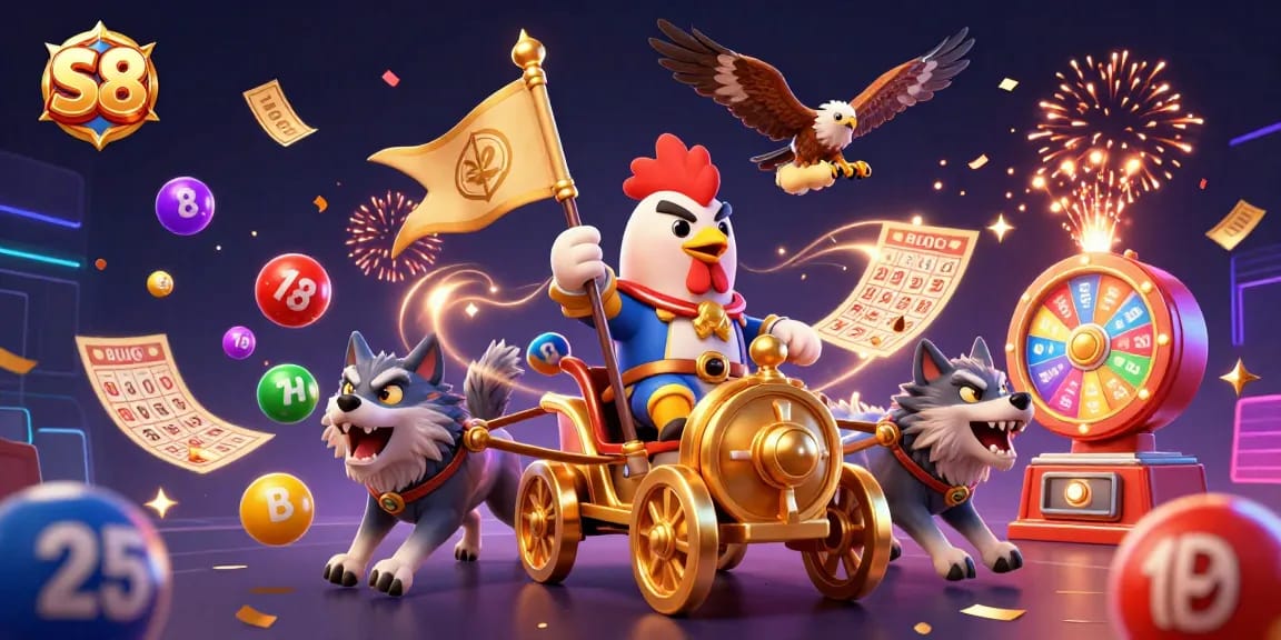 Engage with exciting gambling action at S8 with a colorful lottery scene celebrating big wins.