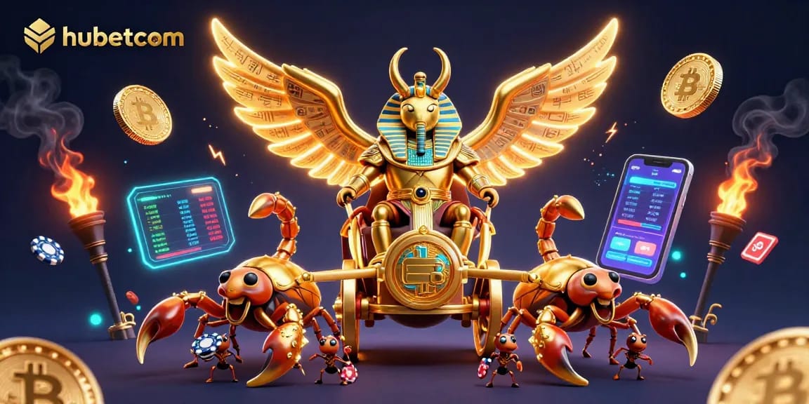 Engage with hubetcom's dynamic casino scene featuring a colossal scarab and scorpions amidst digital elements.
