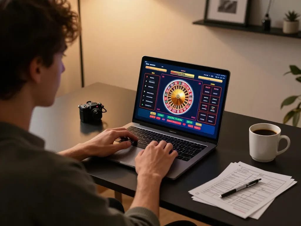 Person engaging in online casino gaming with mv66 platform, vibrant roulette interface visible.