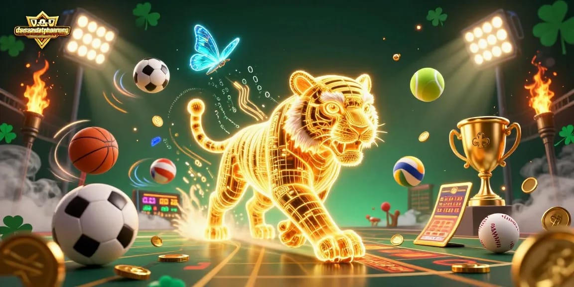 Engage with dacsandatphanrang's vibrant casino adventure featuring a glowing tiger and sports elements.