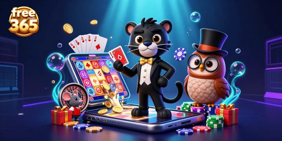 Engage in thrilling games with free credit 365 as a stylish black panther deals cards amid casino excitement.