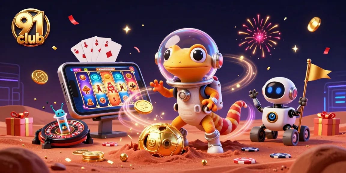 Engage with the vibrant 91 club scene featuring a Martian gecko in a casino adventure amid celebrations.
