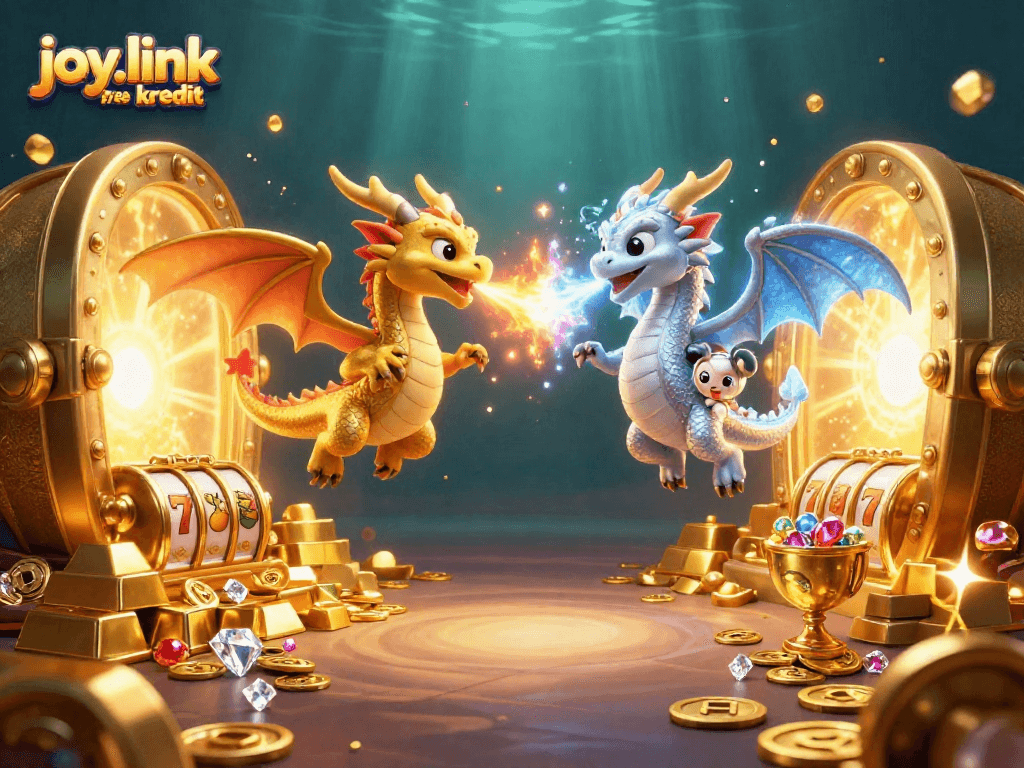 Capture joy.link free kredit in an exhilarating 3D casino scene featuring golden dragons and slot reels.