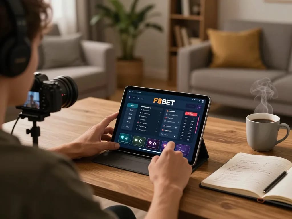 Player using the F8BET app on a tablet for strategic online gaming in a cozy environment.