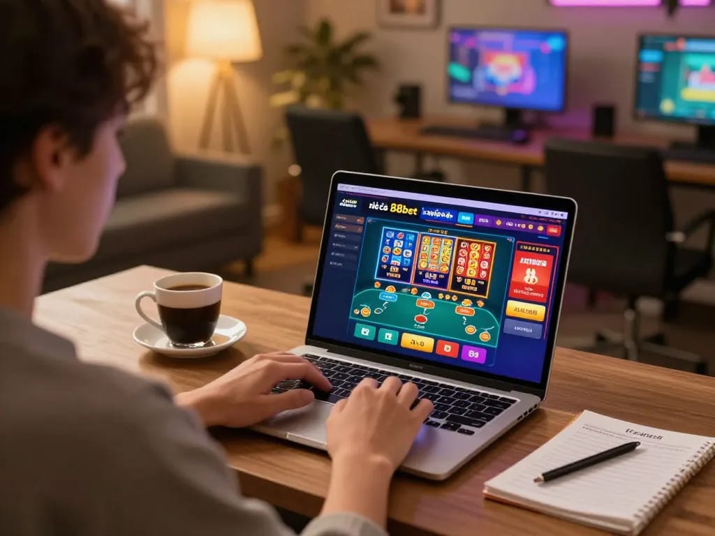 Engaging scene of a player using nhà cái 88bet online casino on a laptop at home, showcasing gaming interface.