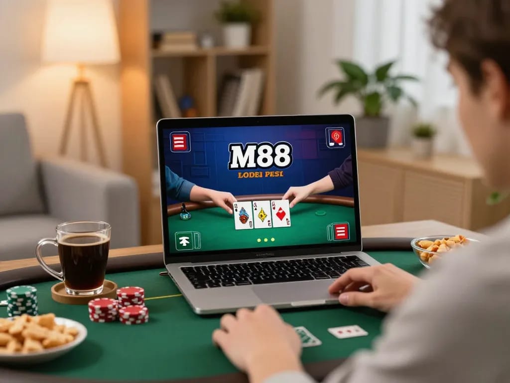 Engaging in M88 online poker game at home with cards visible on screen.
