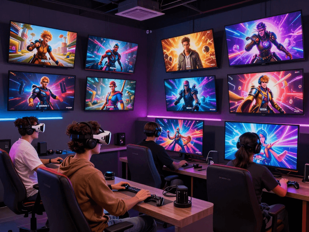 Engaging scene to play porn games with diverse characters and interactive gaming setups.