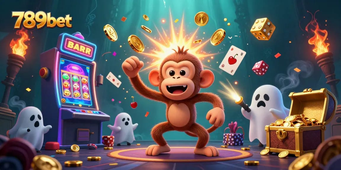 Join the excitement at 789bet with a ghost-hunter puppy tracking a mischievous monkey in a casino scene.