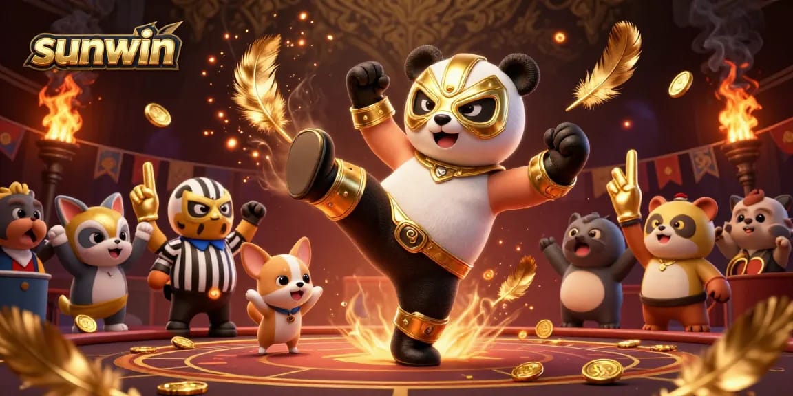 Experience exhilarating action at Sunwin with our vibrant casino-themed illustration featuring a flying panda champion.