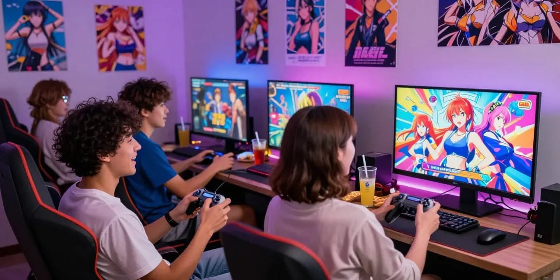 Exciting ecchi game scene with diverse gamers enjoying interactive visual novels in a vibrant gaming lounge.