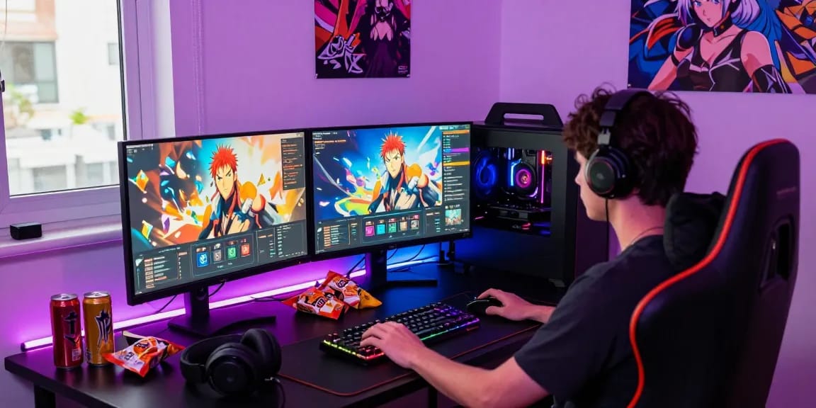 Engaging gamer playing hentaigame on high-end setup with dynamic anime graphics and vibrant gaming atmosphere.