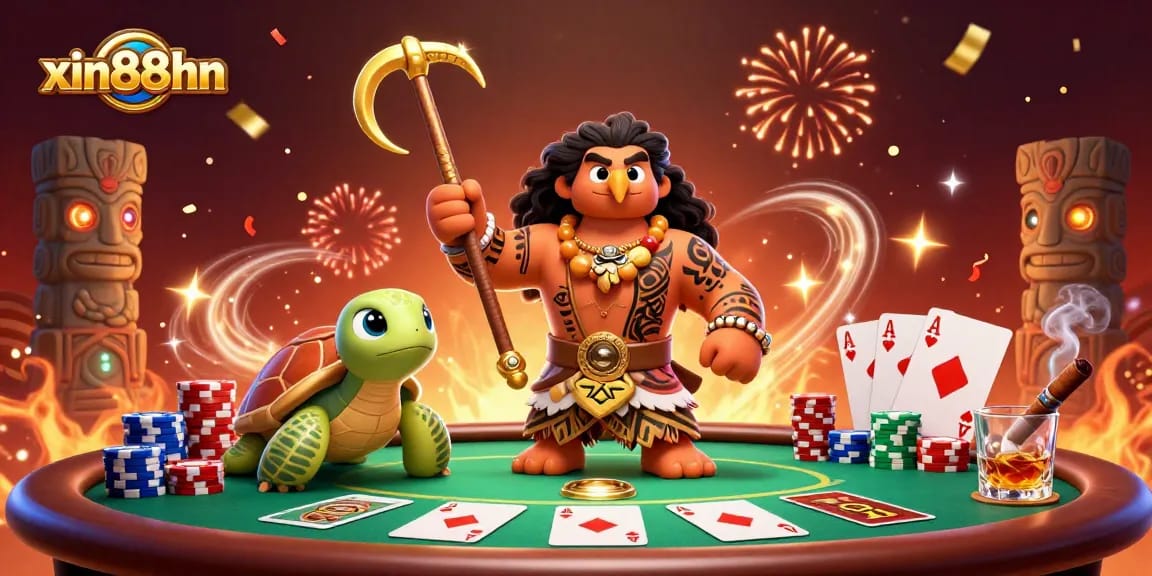 Experience the excitement of xin88hn with vibrant casino action featuring a Polynesian demigod and poker elements.