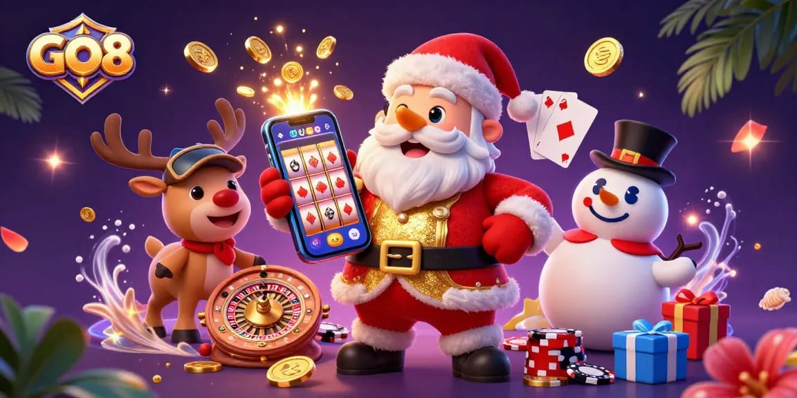 Experience the GO8 excitement as Santa spins slots amid festive casino action.