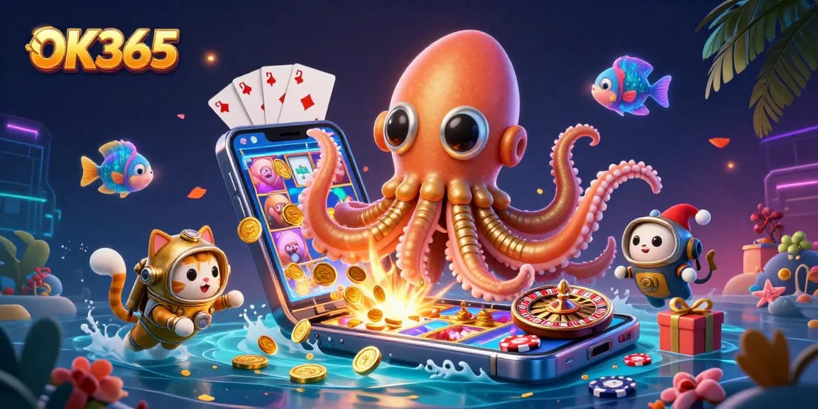 OK365 engages players in thrilling gameplay with a 3D kraken, diving cat, and glowing fish.