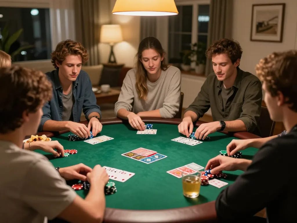 Kèo nhà cái 5 engaging poker game night with colorful chips and drinks present