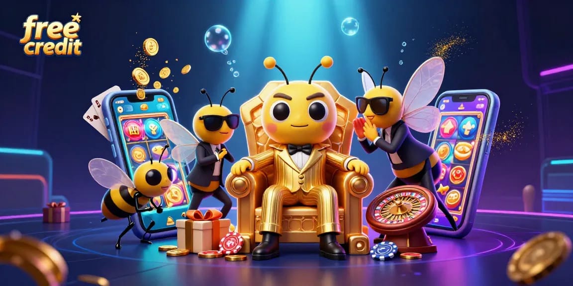 Engage with free credit offers at the casino, featuring a mob boss in a throne with exciting gaming elements.