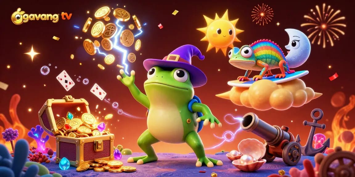 Experience the vibrant world of gavang tv with a fiery 3D casino scene featuring gold coins and whimsical characters.