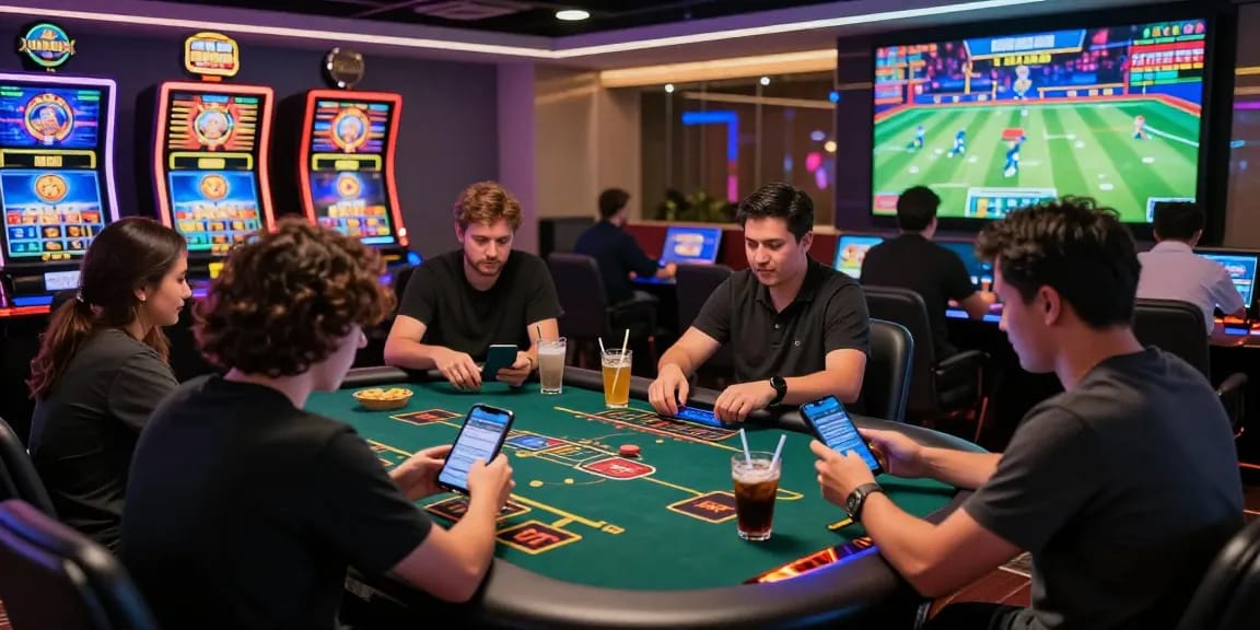 Dynamic gaming experience at online casino Malaysia with players engaged, real-time odds showcased, and vibrant LED ambiance.