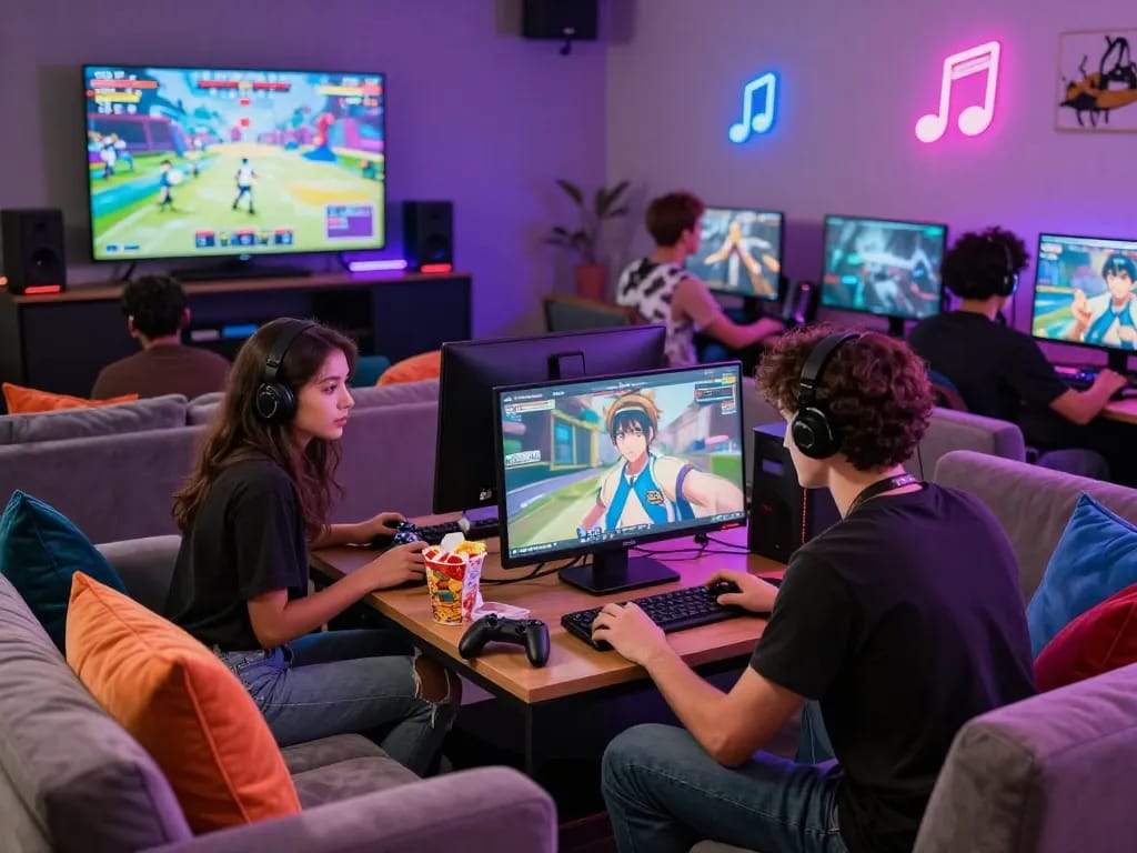 Gamers play porn games in a vibrant lounge with engaging visuals.
