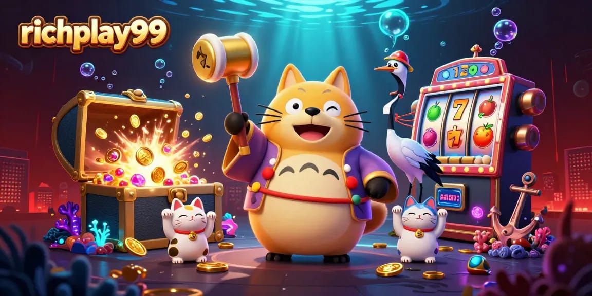 Experience winning with richplay99's vibrant casino scene featuring cheerful characters and captivating game elements.