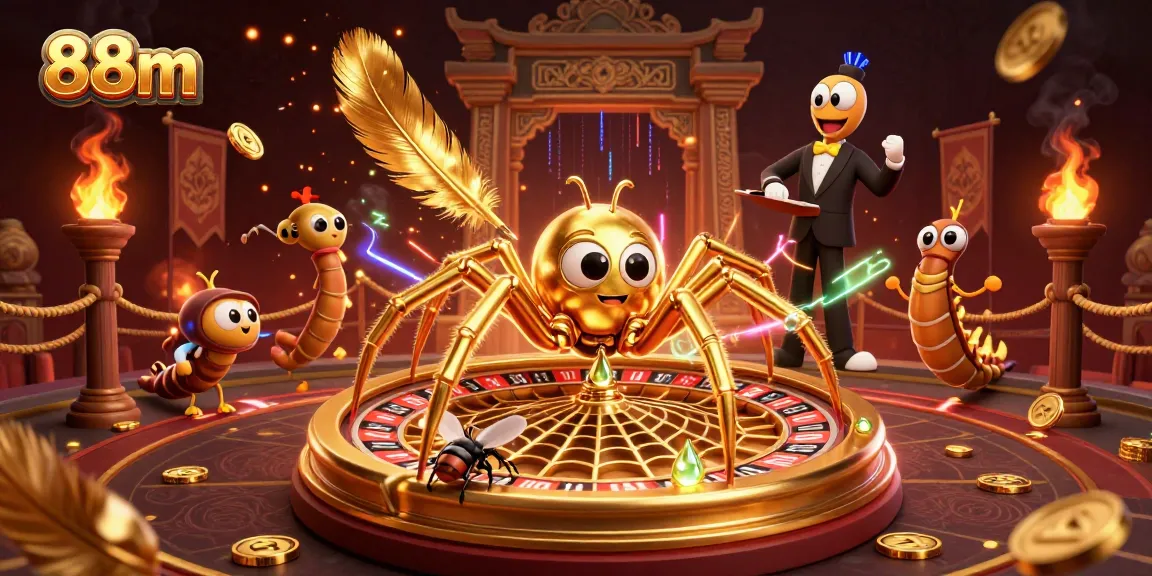 Experience thrilling bets at 88m with a golden spider spinning a roulette web in this vibrant casino scene.