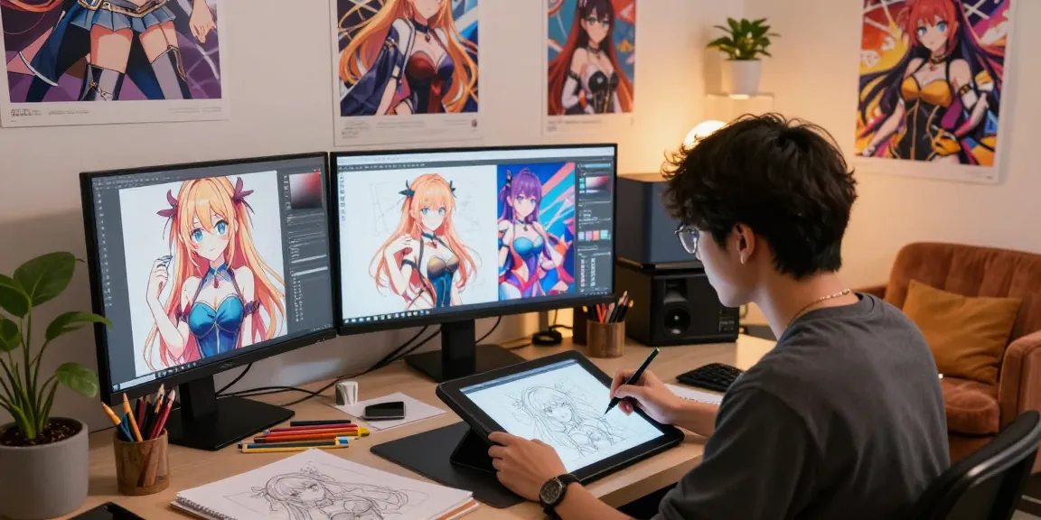 Creating stunning ai ecchi digital art in a vibrant studio environment.