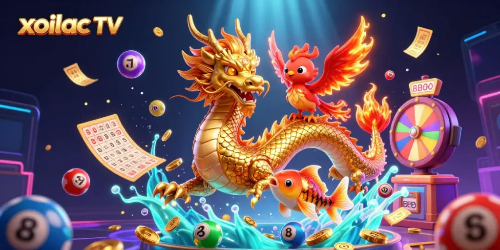 Experience thrilling moments with xoilac TV as a golden dragon, phoenix, and koi fish bring the gaming excitement alive.