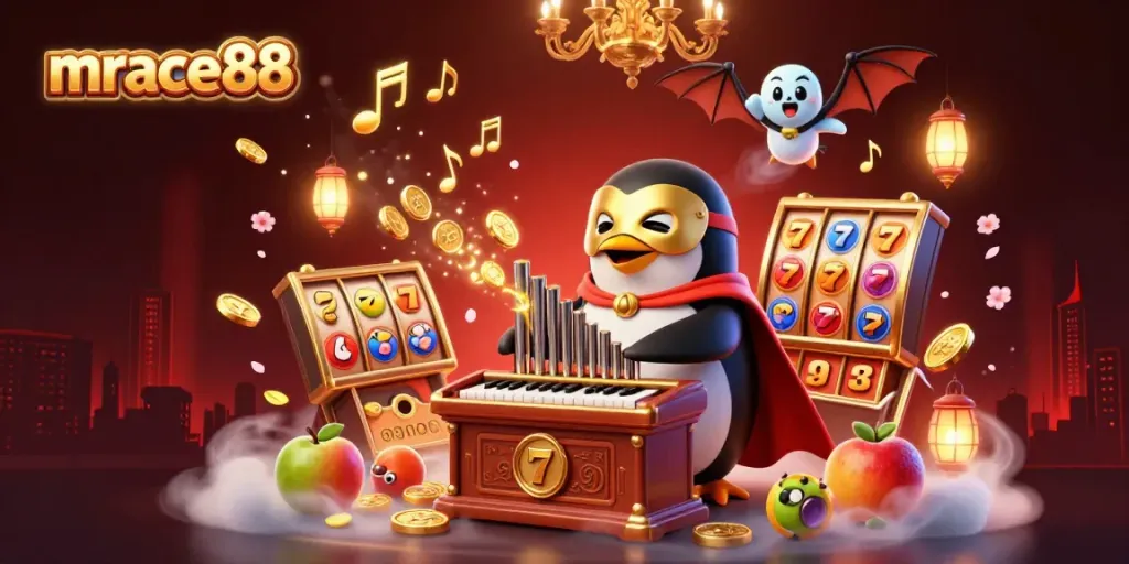 Join the thrilling scene at mrace88 where a golden-masked penguin plays slots among vibrant bursts of coins and lucky symbols.