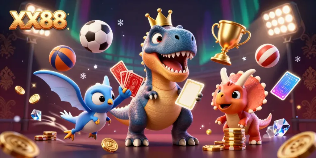 Engage in thrilling gameplay at XX88 with a jovial T-Rex shuffling cards and friends amid sports elements.