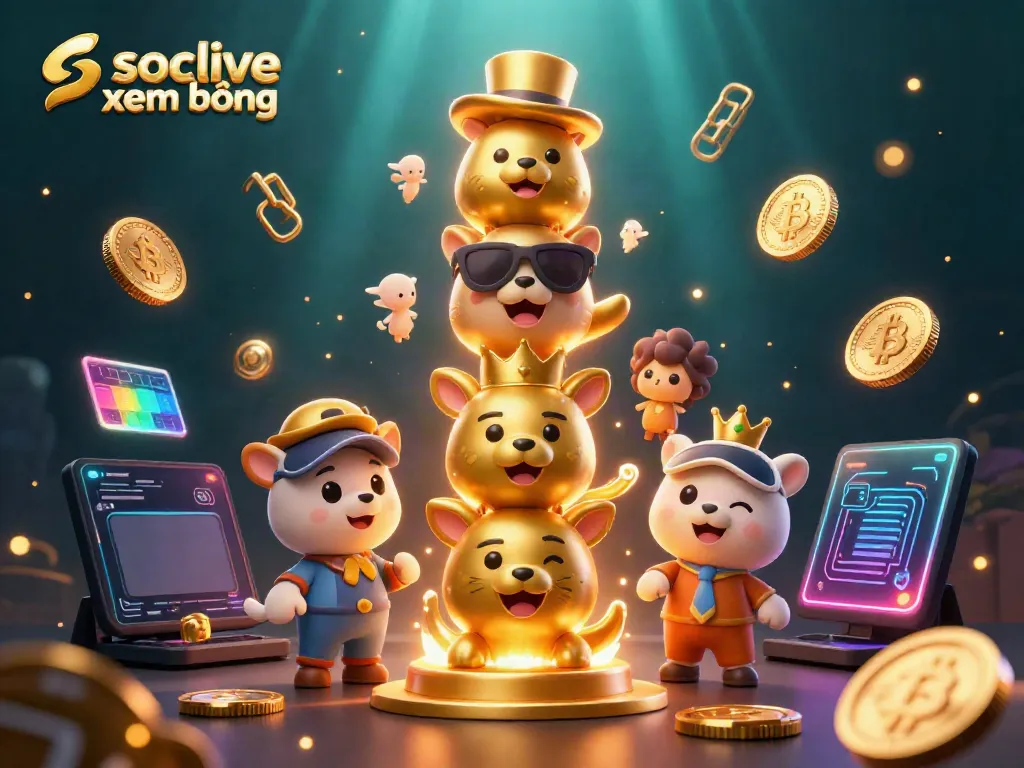 Experience socolive xem bóng with vibrant animated casino totem and dynamic crypto elements in a lively scene.